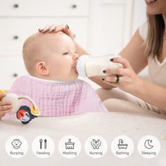 Synrroe burp cloths measure 20 by 10 inches for broad coverage.