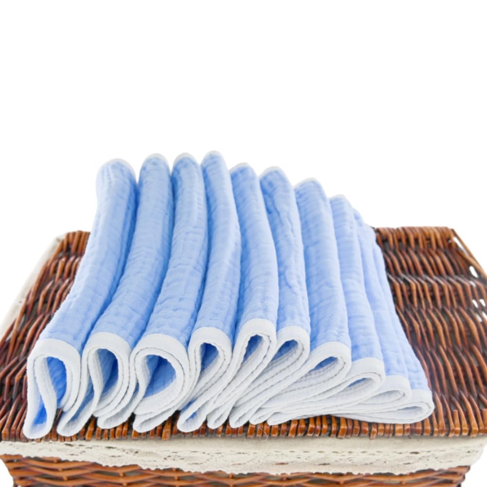 Synrroe burp cloths blue pattern draped beside bottles, versatile use as bibs and wipes.