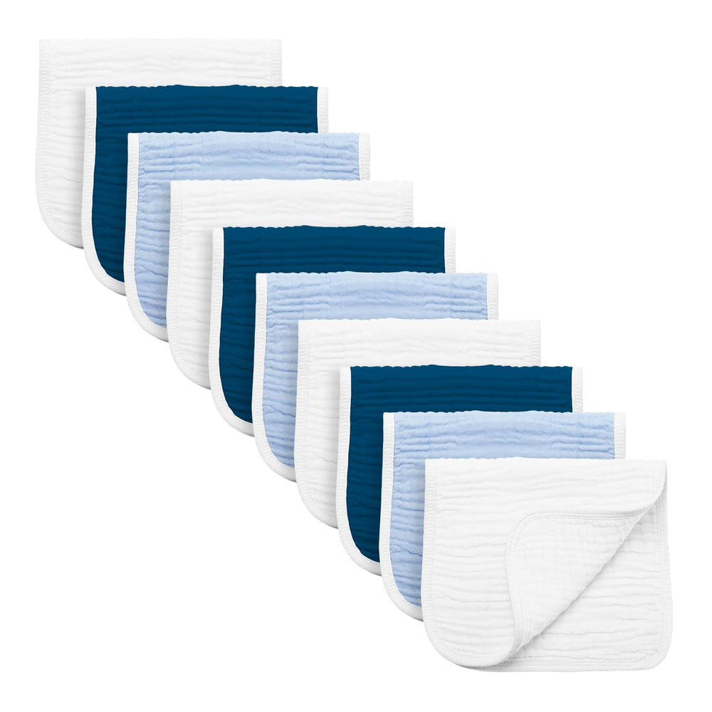 Synrroe burp cloths large six-layer muslin in blue set for quick absorption.