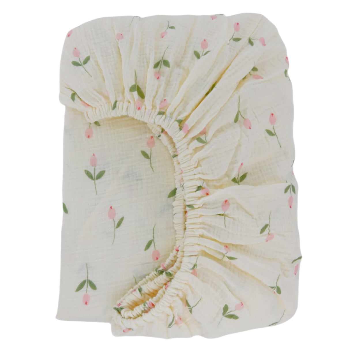 Synrroe crib sheet rose fabric closeup highlighting soft muslin texture for gentle baby skin