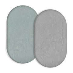 Synrroe muslin bassinet sheets green gray set on bassinet for soft breathable comfort.