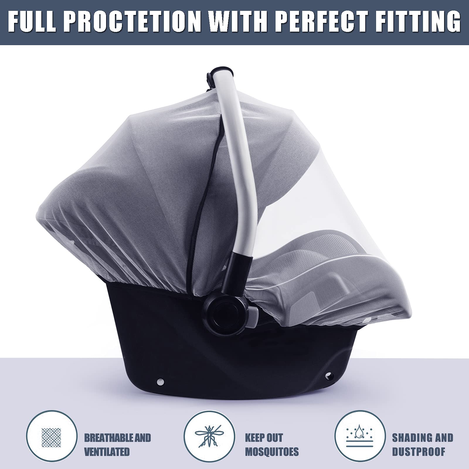 Sysmie infant-car-seat mosquito net provides airy, chemical-free insect shielding.