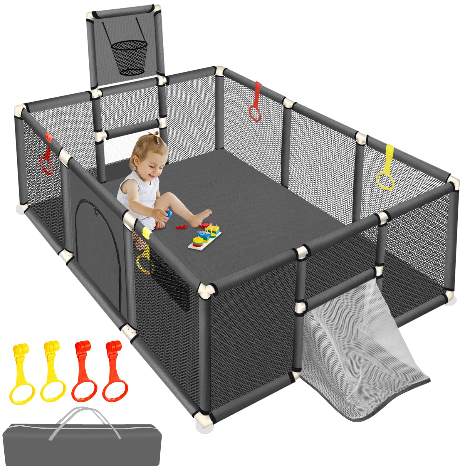 SZBOB large baby playpen side view with breathable mesh for safe supervised exploration.