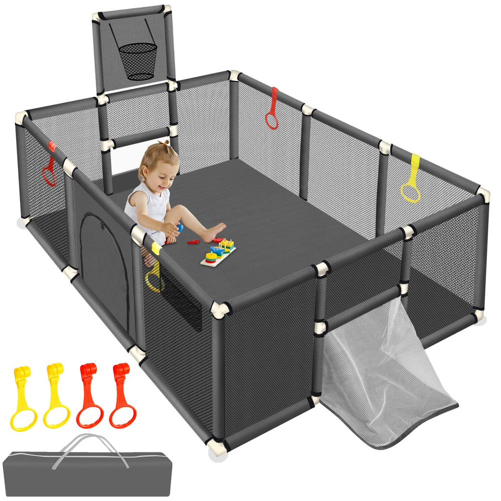 SZBOB large baby playpen side view with breathable mesh for safe supervised exploration.