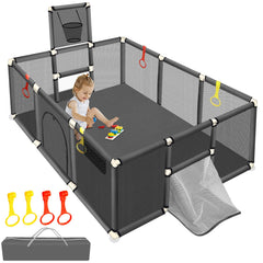 SZBOB large baby playpen side view with breathable mesh for safe supervised exploration.