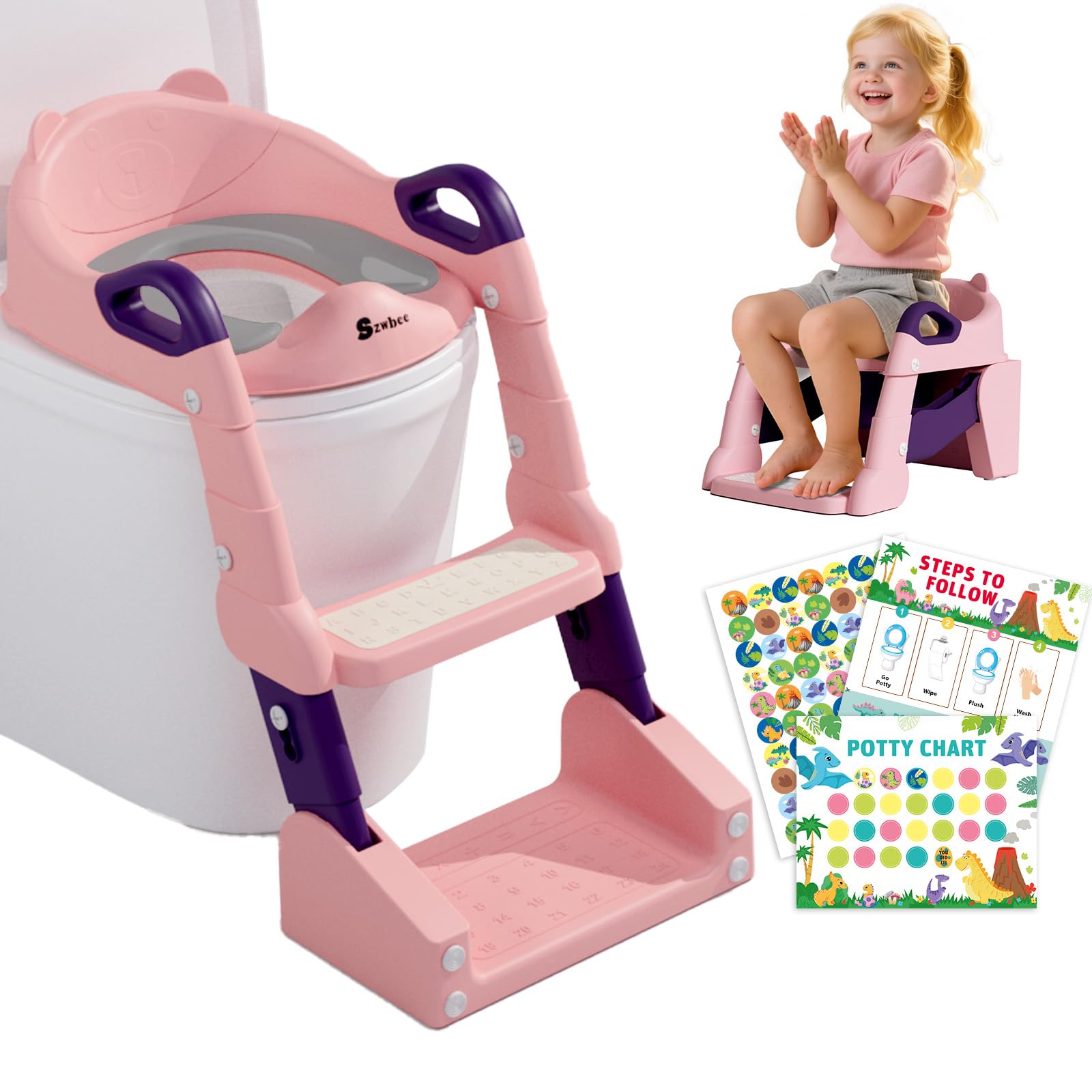Szwbee 3-in-1 potty seat foldable ladder pink helps toddlers reach the toilet safely.