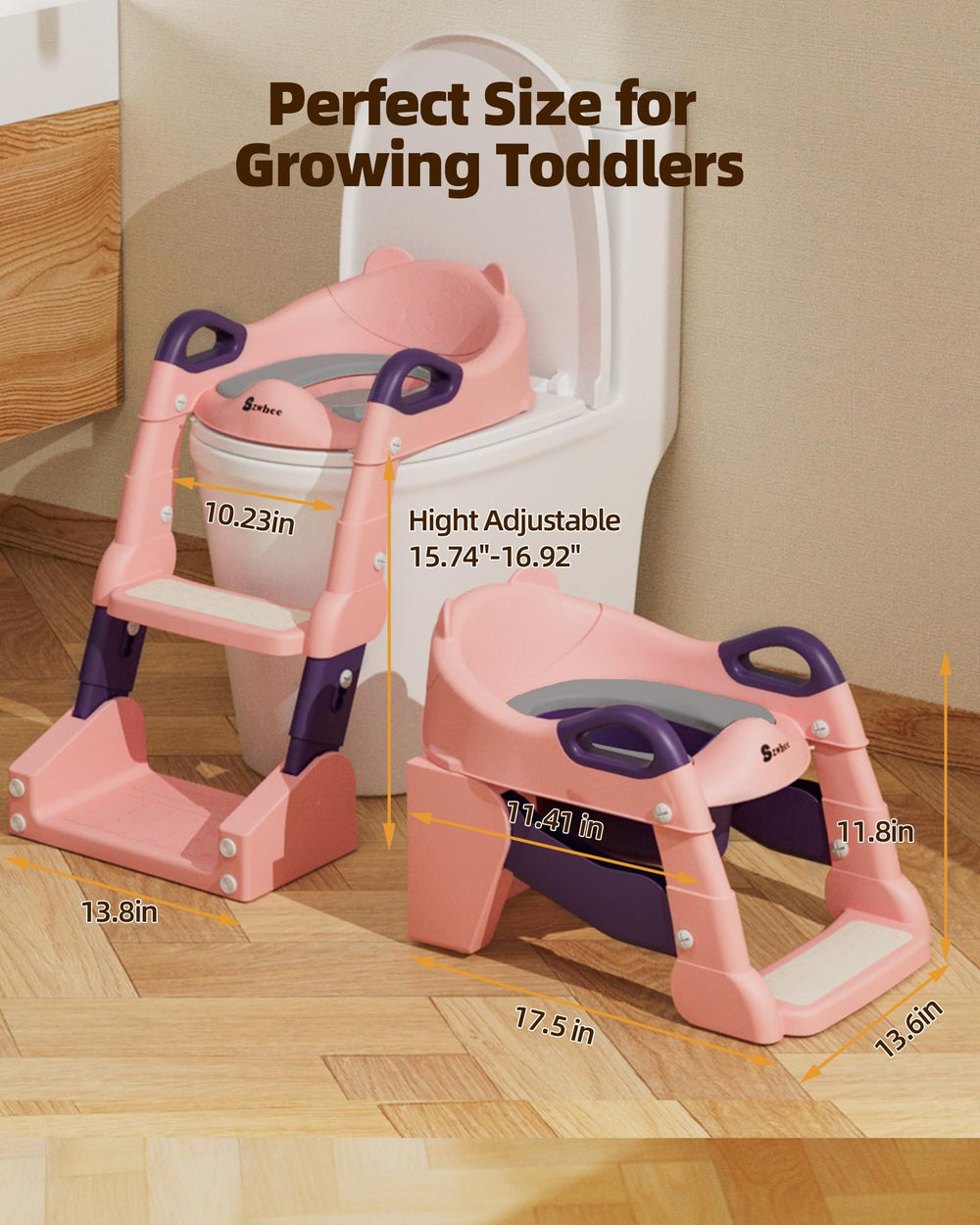 Szwbee height-adjustable potty seat fits most standard toilets securely.