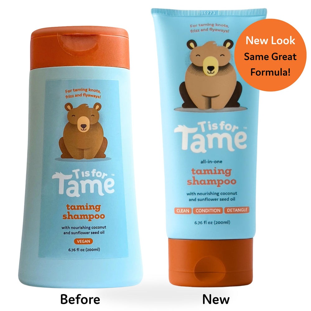 T is for Tame shampoo bottle and label showcasing plant-based, gentle care