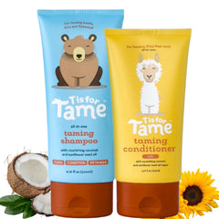 T is for Tame Baby Shampoo bottle pouring for gentle, tear-free cleansing.