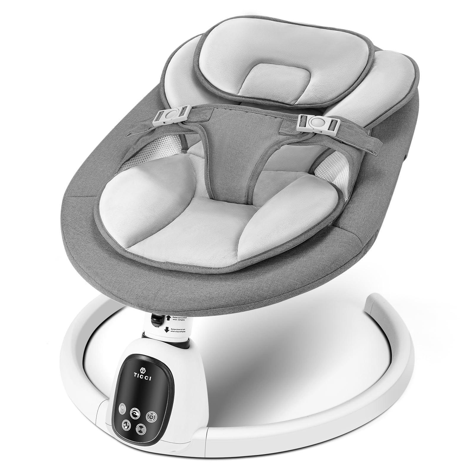 T TICCI baby swing control panel in dark grey enables easy soothing presets.