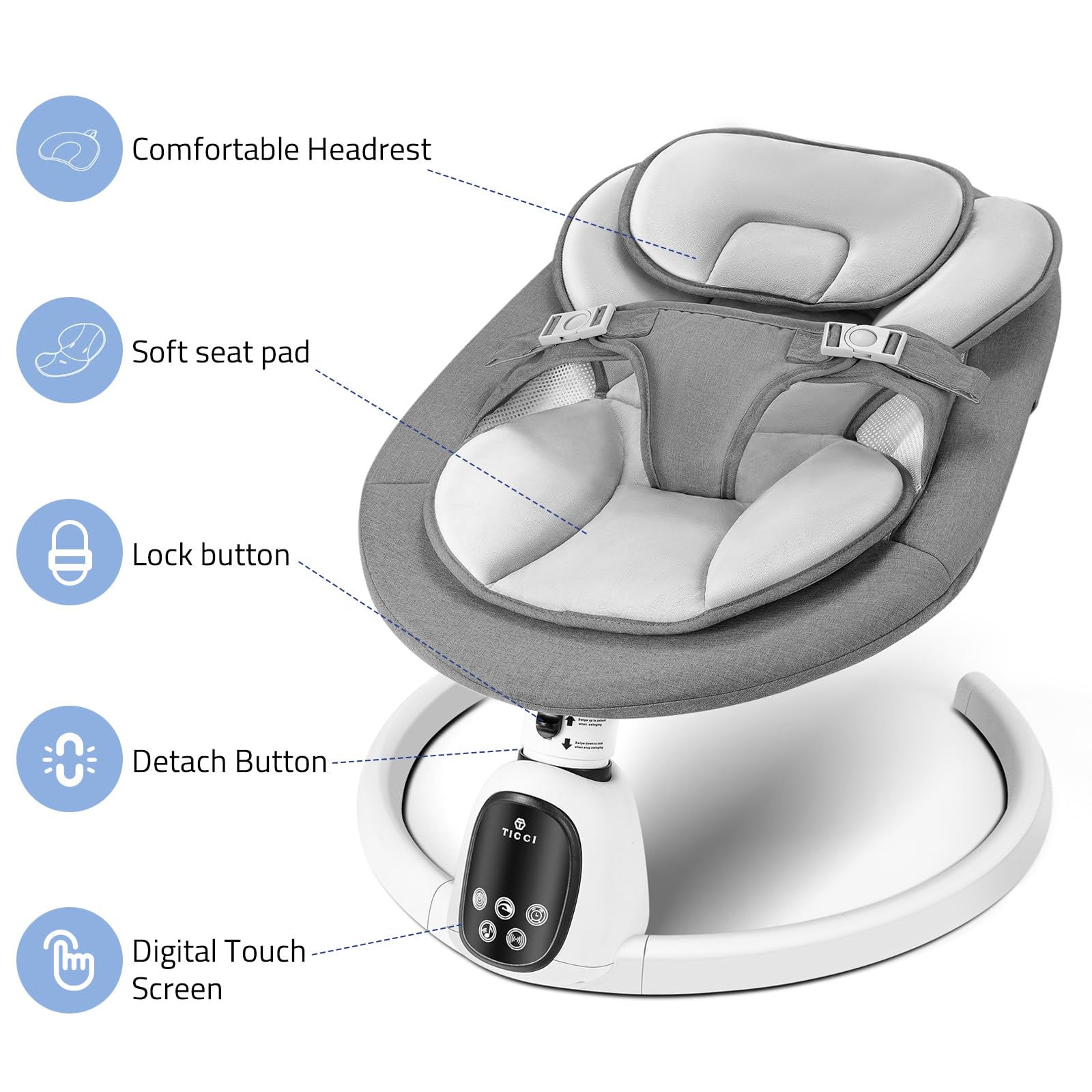 T TICCI baby swing in-use dark grey scene shows a content infant during a gentle sway.
