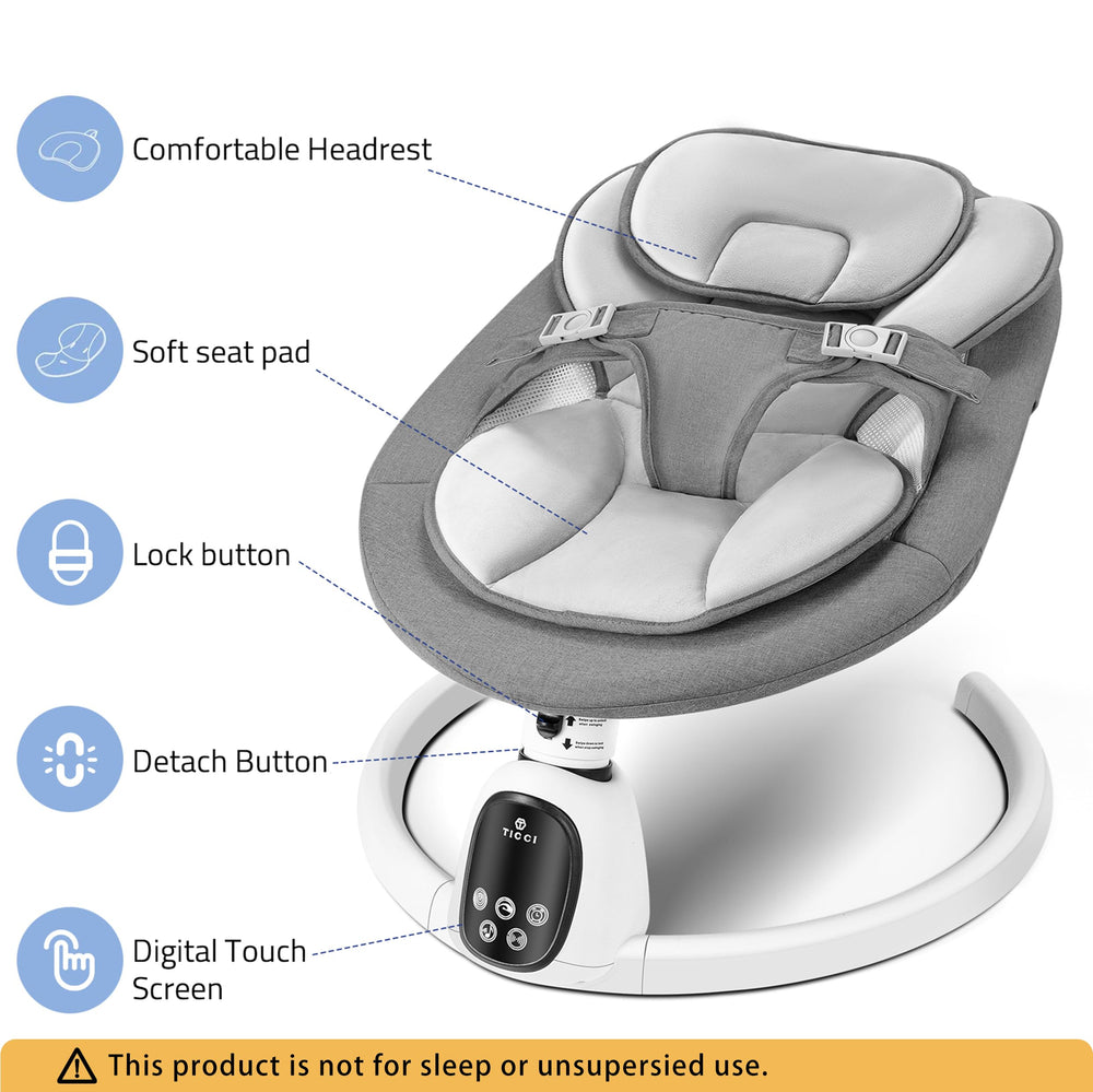 T TICCI baby swing quiet motor in dark grey reduces ambient noise during use.