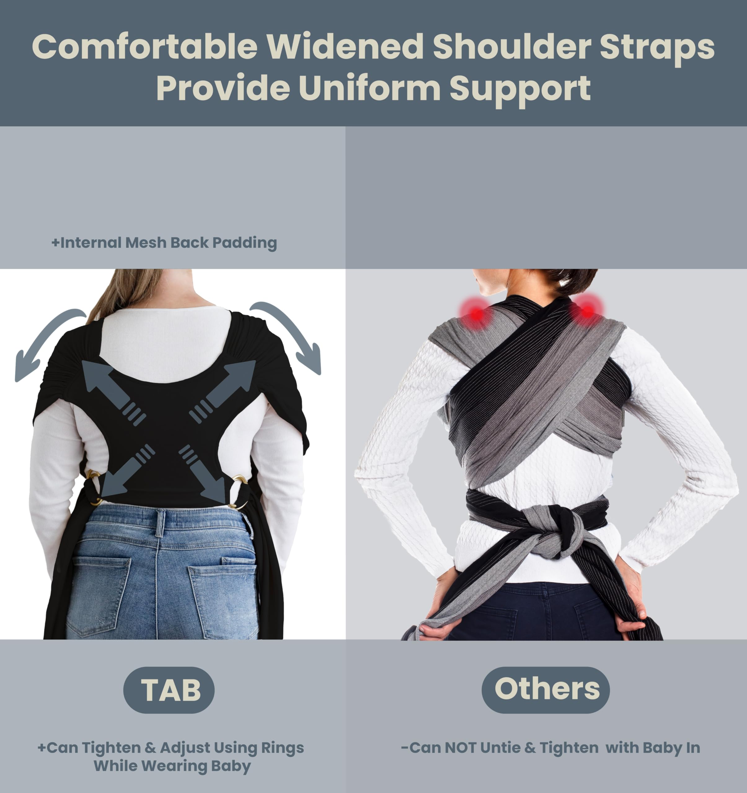 TAB baby wrap-versatile-carry-options supports forward-facing, inward hug, and nursing