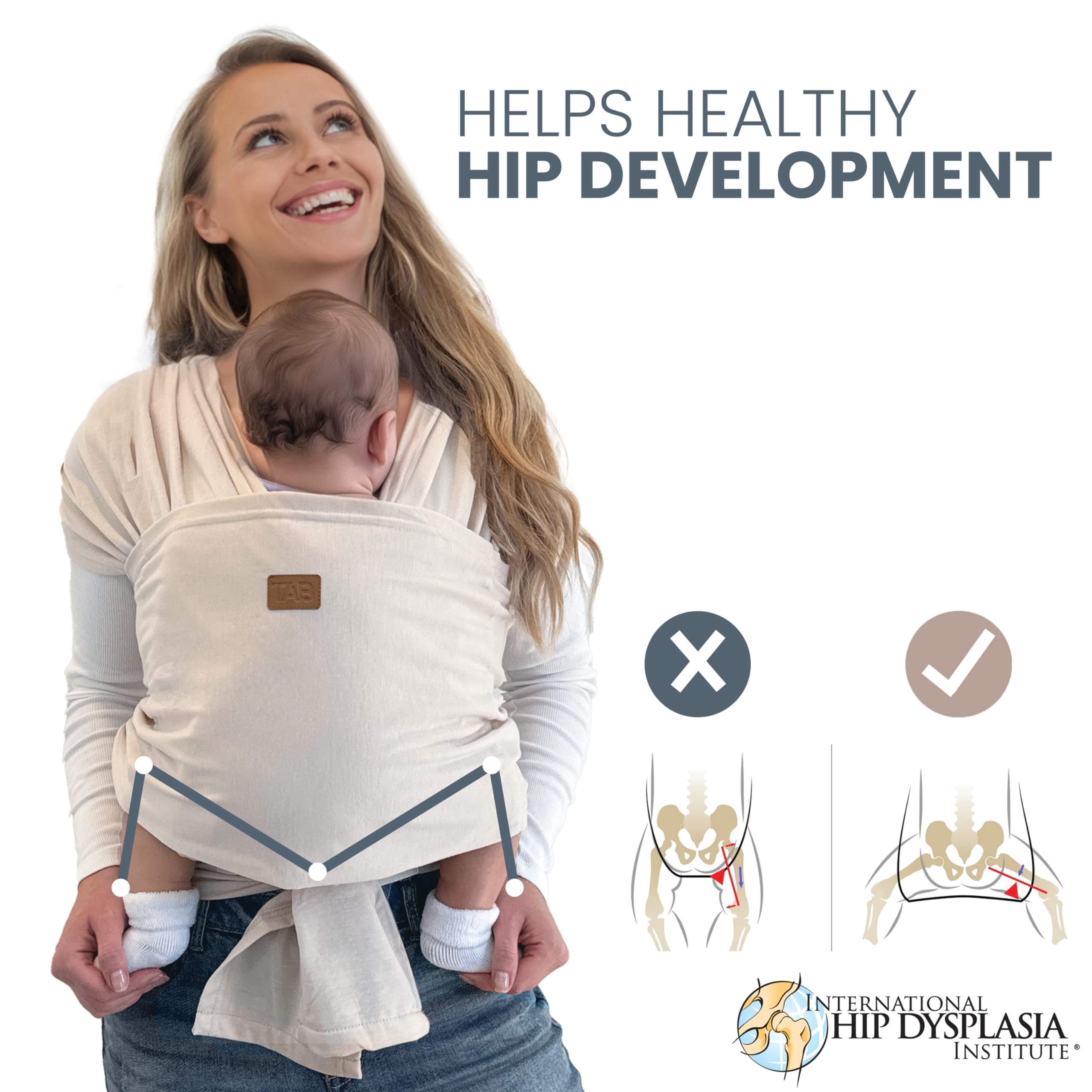 TAB wrap shows adjustable size for a snug fit as baby grows.