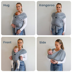 TAB versatile wrap gray adjustable strap closeup shows family-friendly size range.