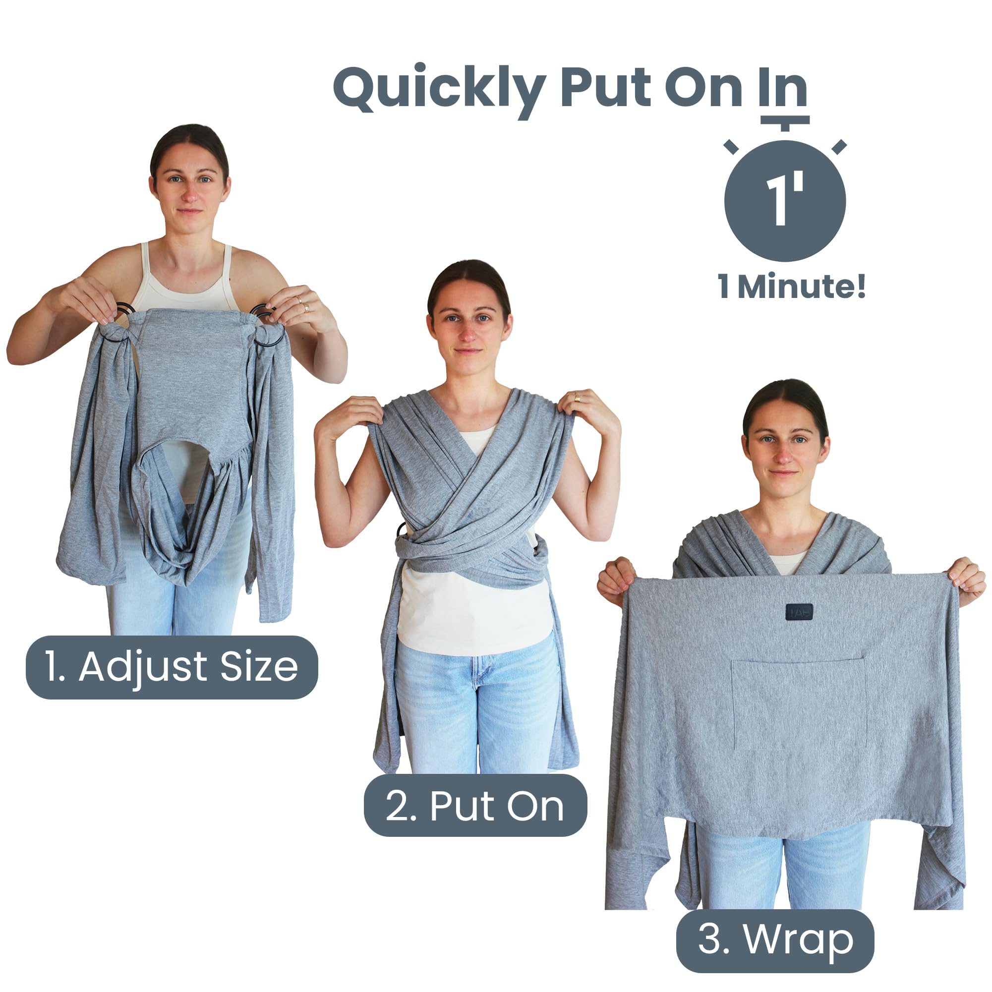 TAB versatile wrap gray forward-facing carry highlights versatile use for curious toddlers.