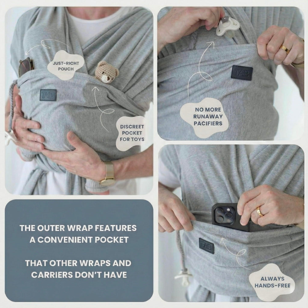 TAB versatile wrap gray baby in sling signals nap-ready comfort.