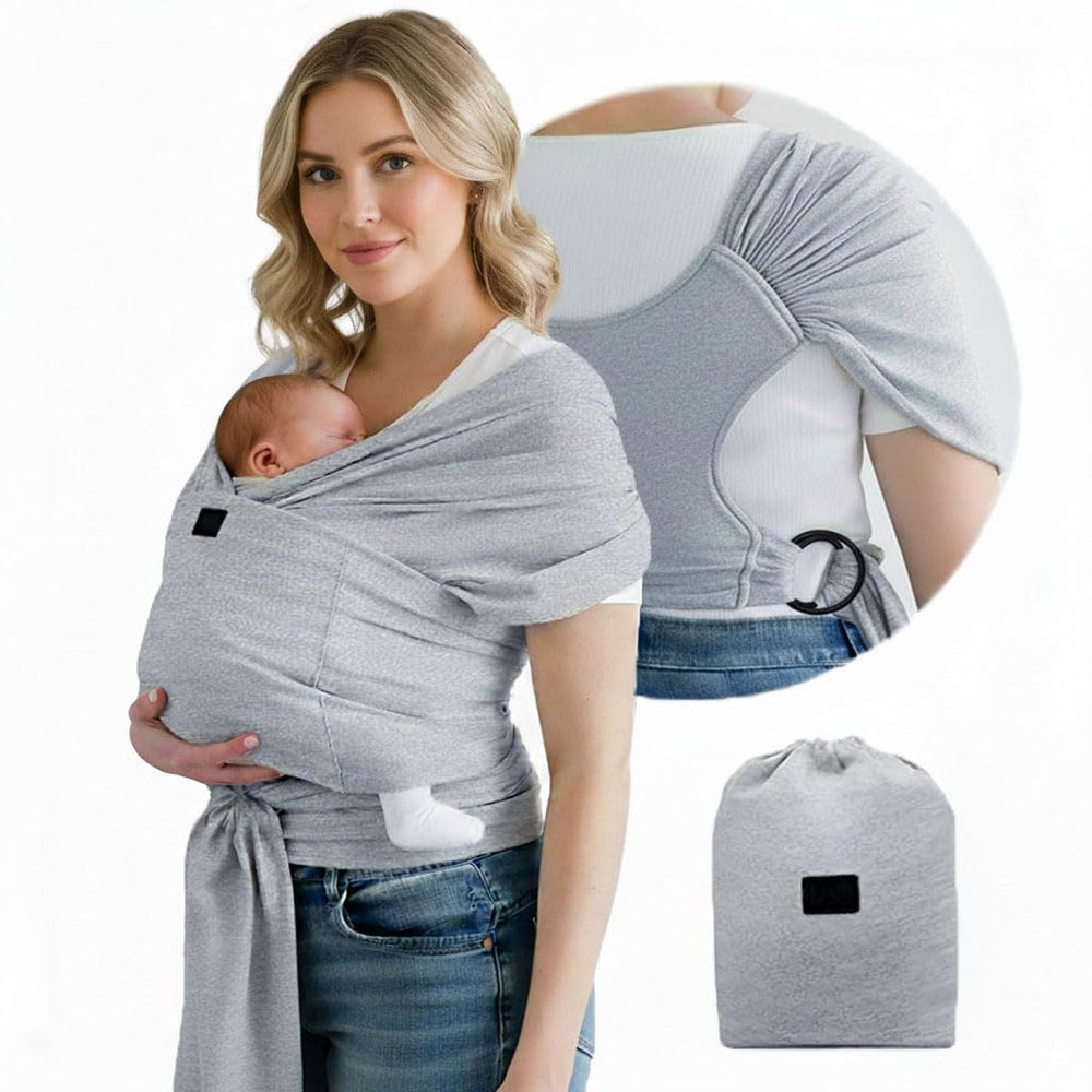 TAB versatile wrap gray model wearing carrier for hands-free bonding and comfort.