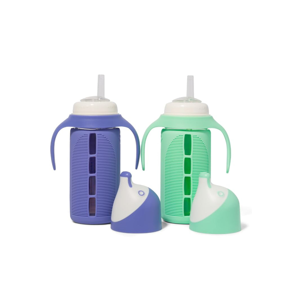Tabor Place Luca glass sippy mint green – durable borosilicate glass for mess-free toddler sipping.