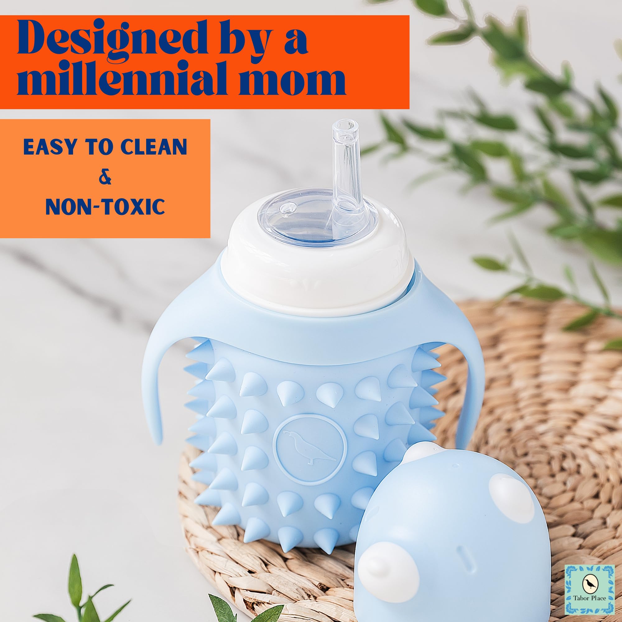 Tabor Place platinum silicone straw provides safe, easy sipping for toddlers.