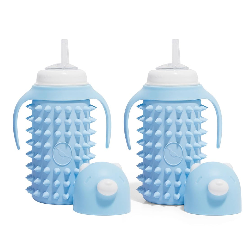 Tabor Place Spikey Bear 8oz glass sippy cup with shock-absorbing sleeve protects glass on drops.