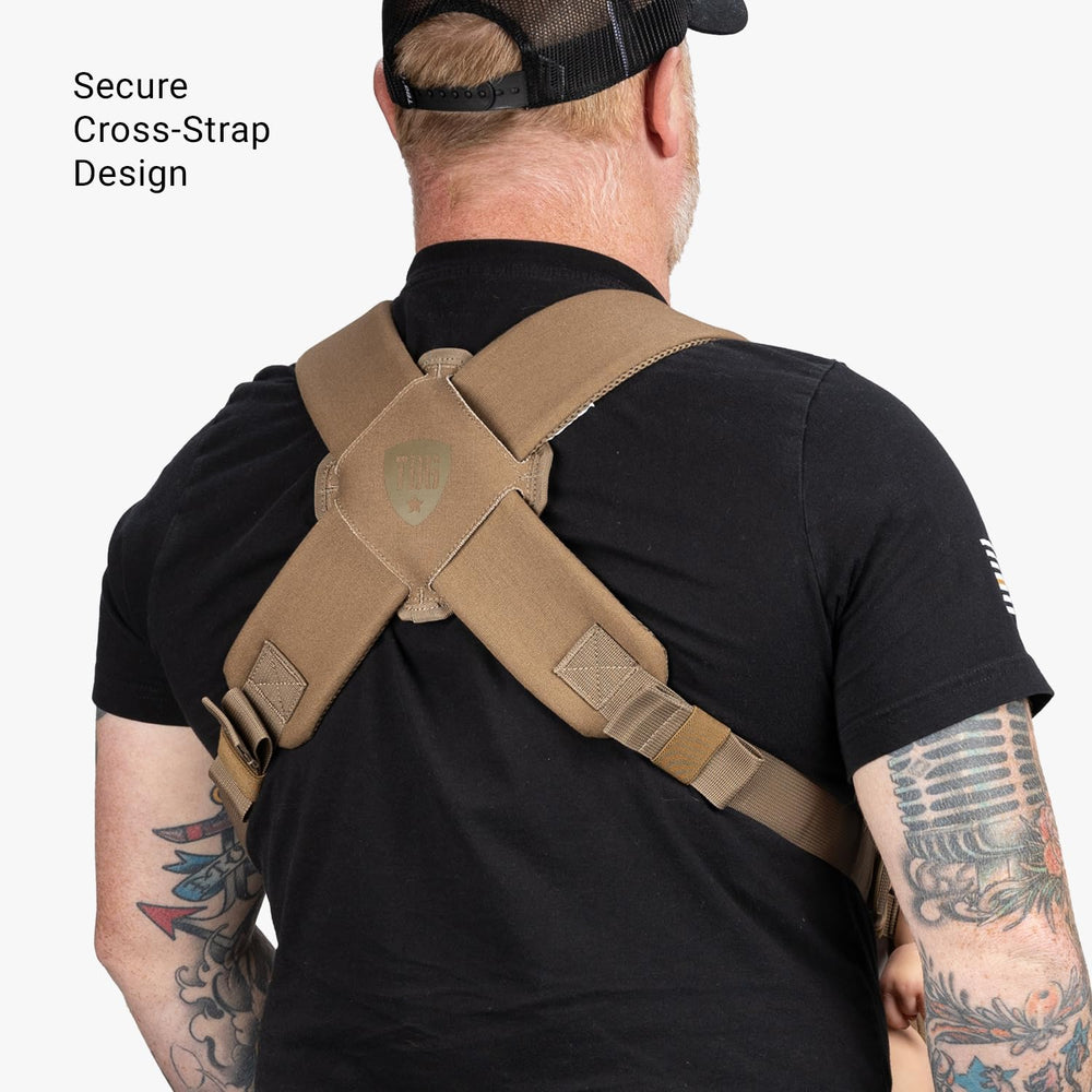 Tactical Baby Gear cross-strap design distributes weight for comfortable all-day wear.