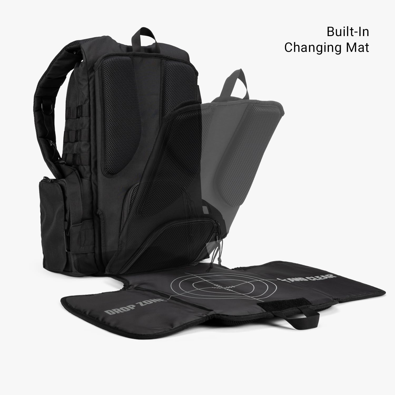 Tactical Baby Gear Daypack MOLLE system image emphasizes customizable storage for accessories.