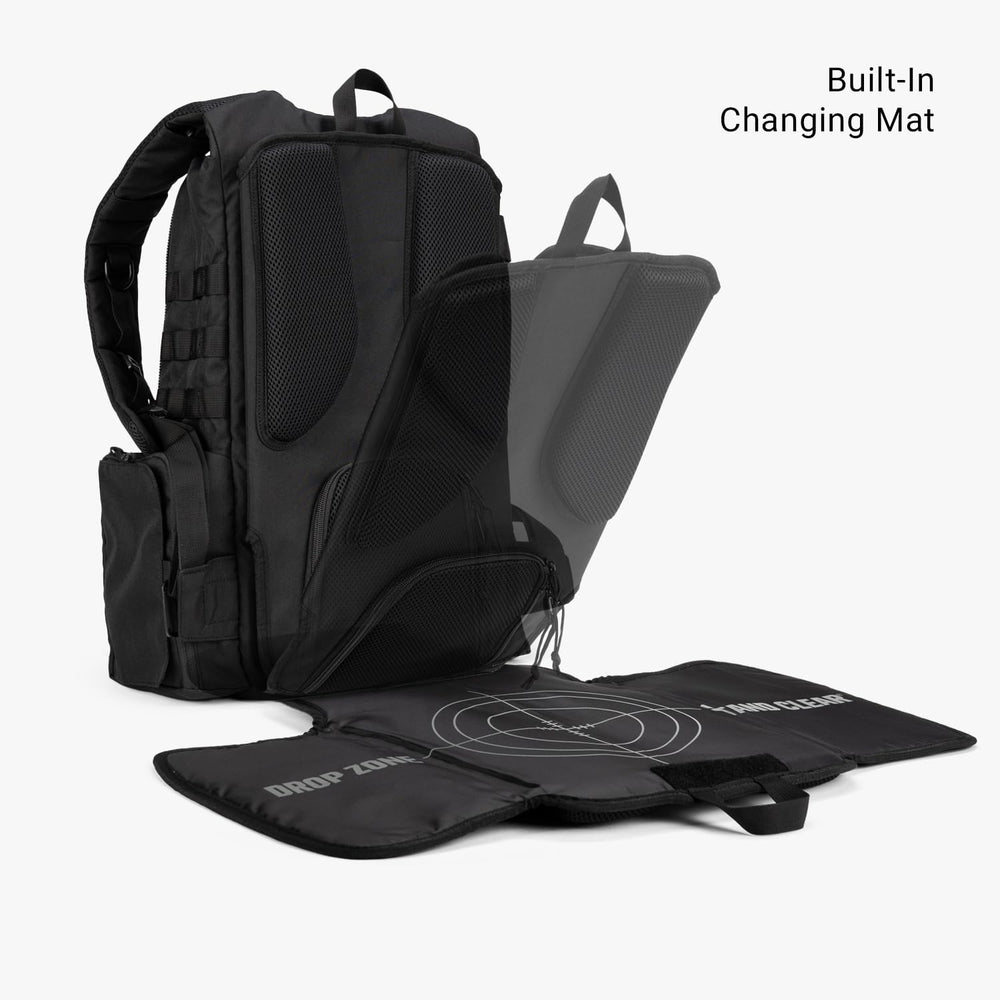 Tactical Baby Gear Daypack MOLLE system image emphasizes customizable storage for accessories.