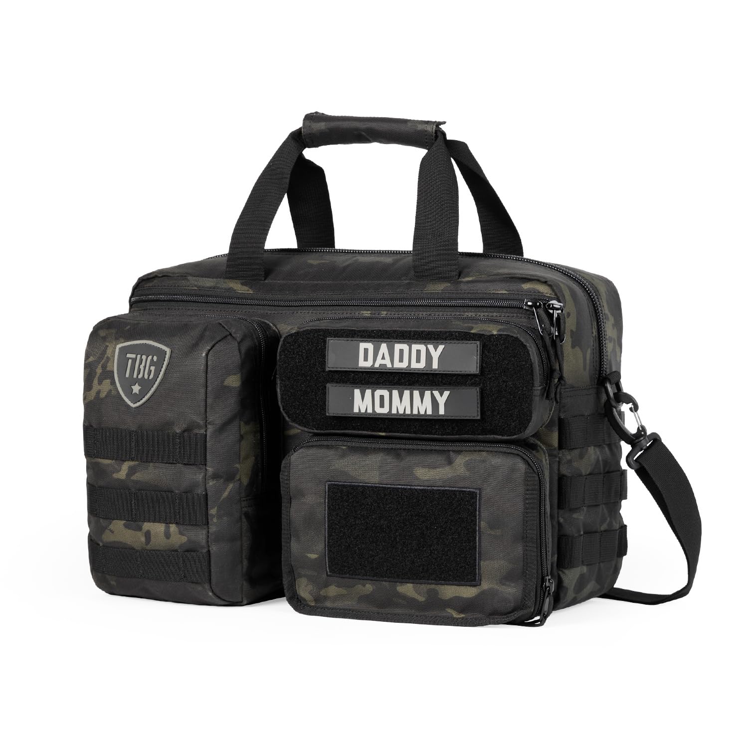 Tactical Baby Gear Deuce Diaper Bag front view for on-the-go parents, durable travel companion.