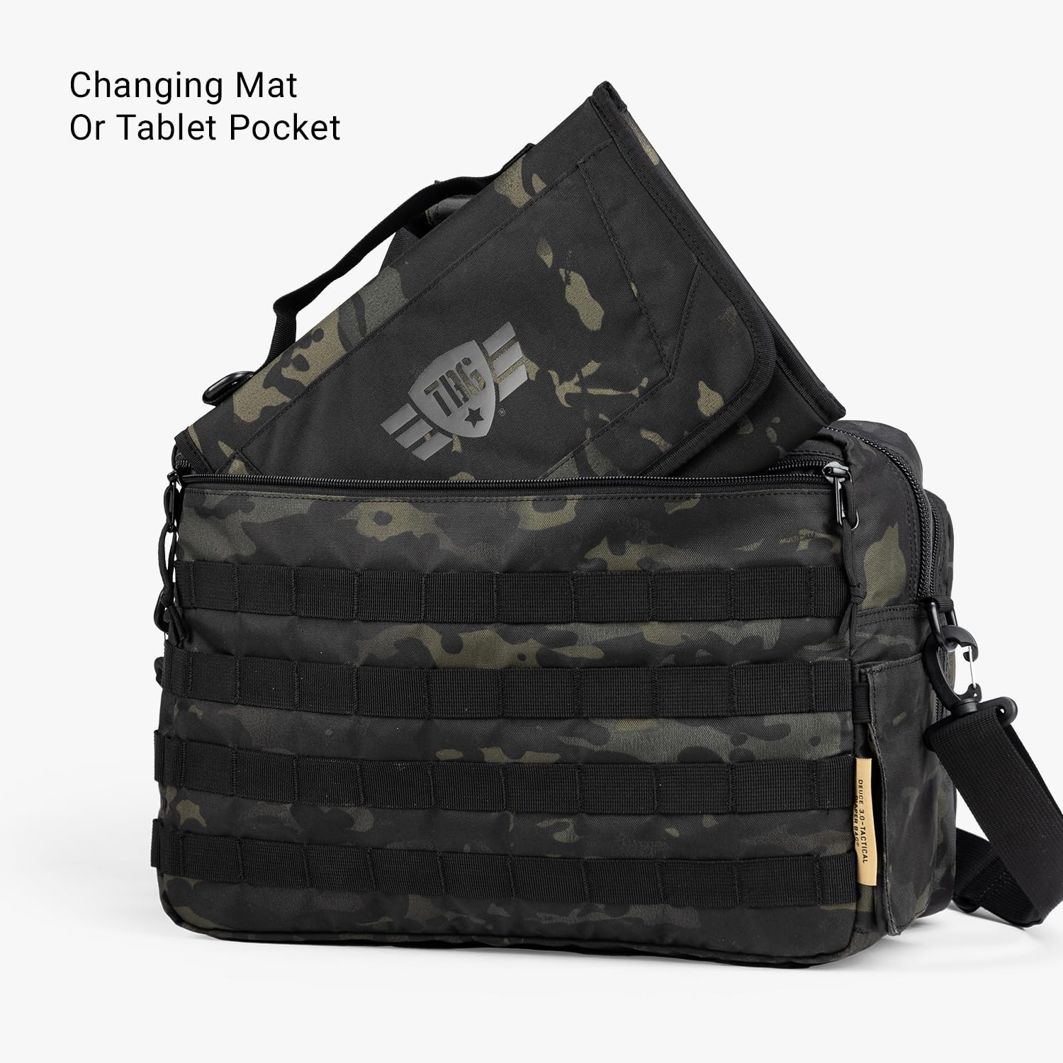Tactical Baby Gear Deuce Diaper Bag side pocket shows quick-access storage for bottles.
