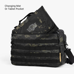 Tactical Baby Gear Deuce Diaper Bag side pocket shows quick-access storage for bottles.