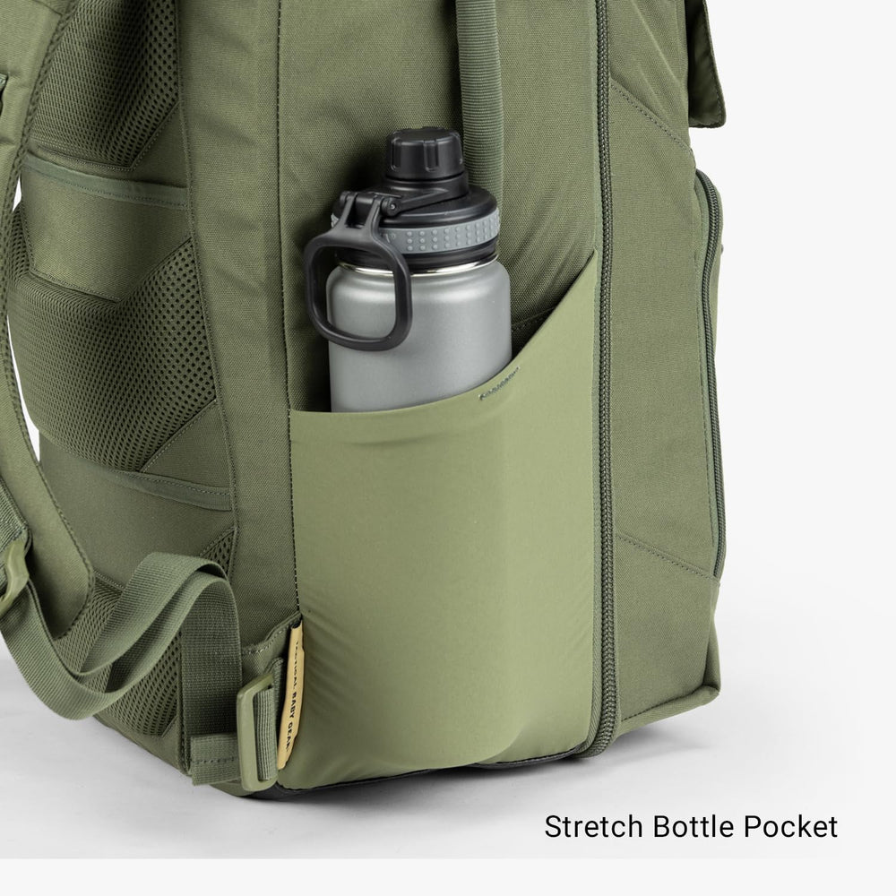 Tactical Baby Gear Everyday Diaper Bag rear pocket holds changing mat for clean changes.