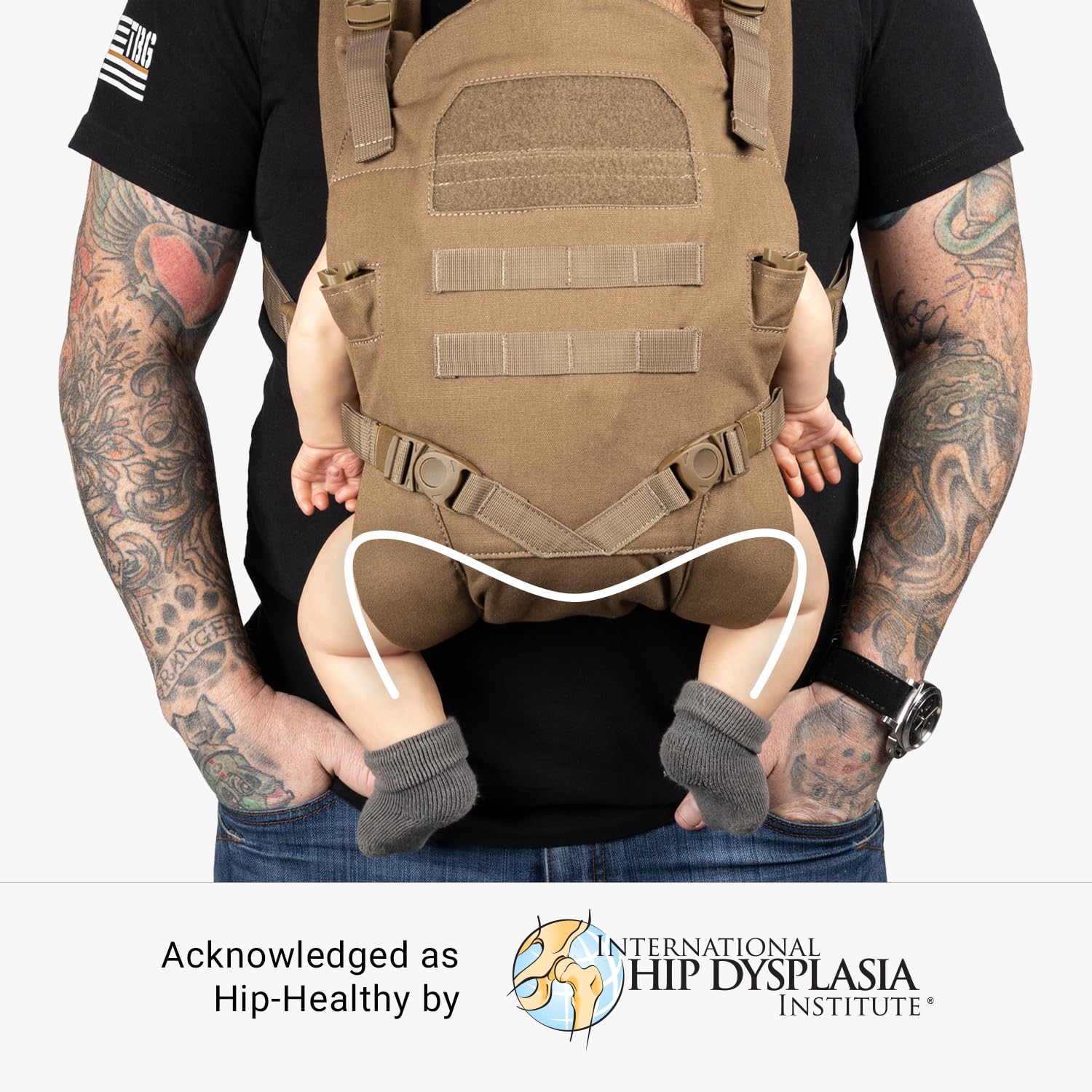Tactical Baby Gear MOLLE-compatible carrier for customizable pouches and carabiners.