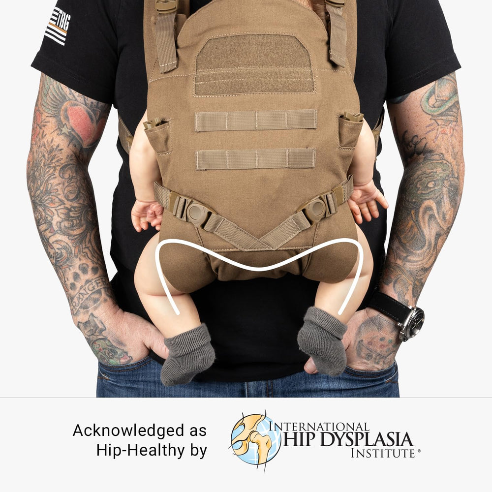 Tactical Baby Gear MOLLE-compatible carrier for customizable pouches and carabiners.