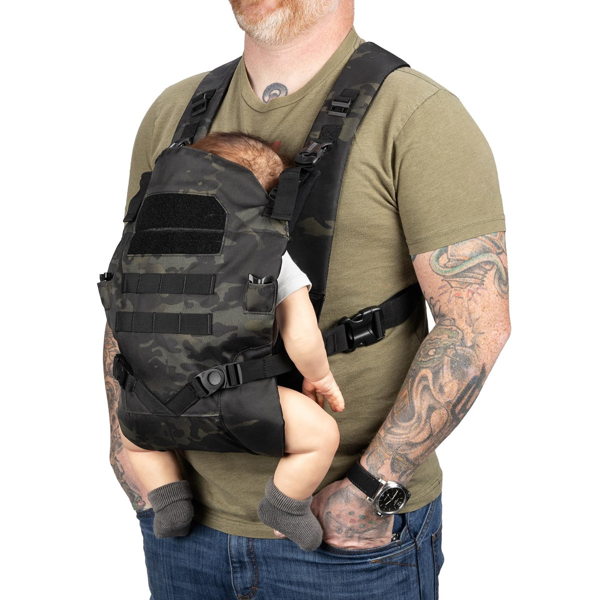Tactical Baby Gear tactical baby carrier for dads open-back design for cooler wear.
