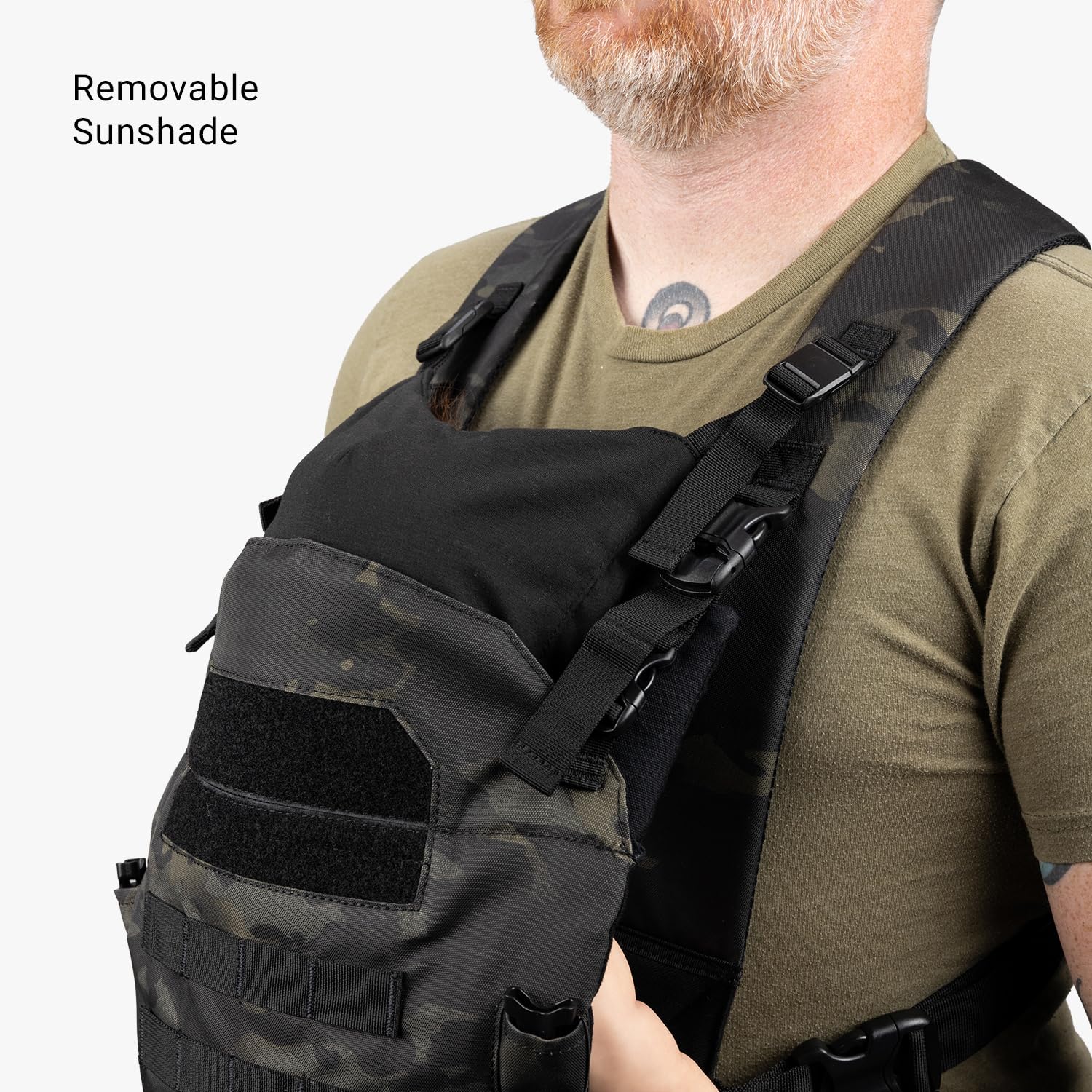Tactical Baby Gear tactical baby carrier for dads sun shade accessory attached.