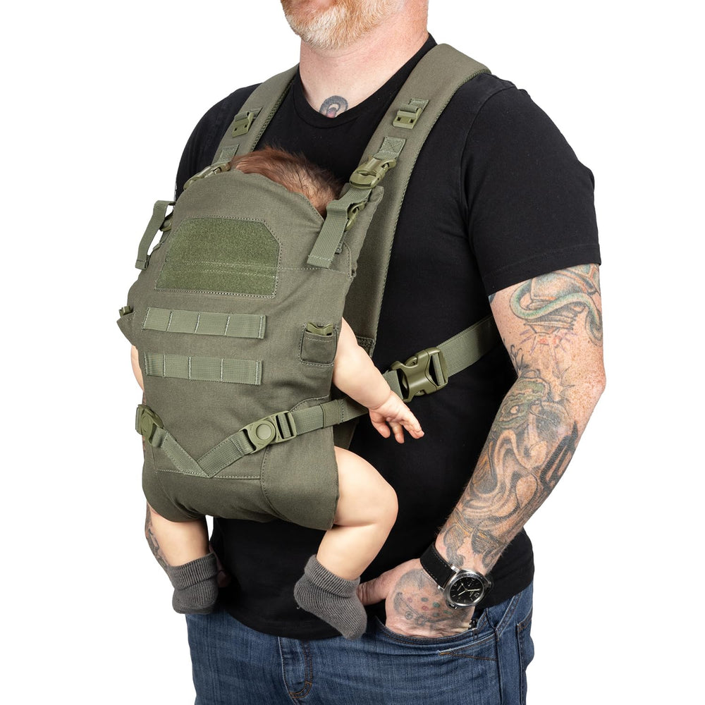 Tactical Baby Gear carrier demonstrates ergonomic fit for dad comfort.