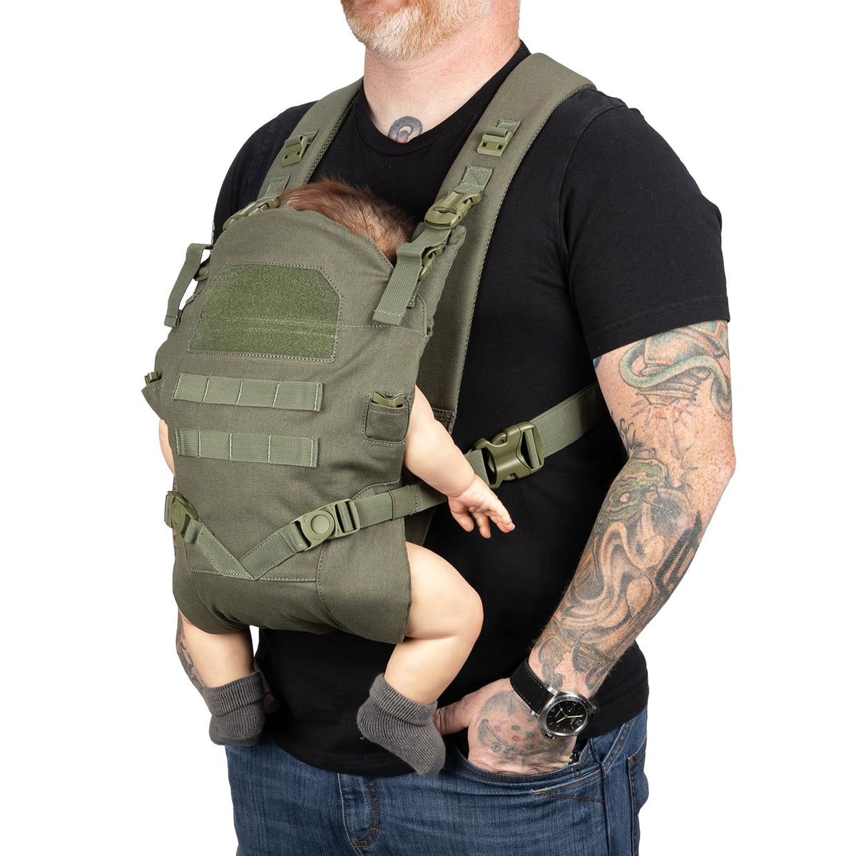 Tactical Baby Gear carrier demonstrates ergonomic fit for dad comfort.