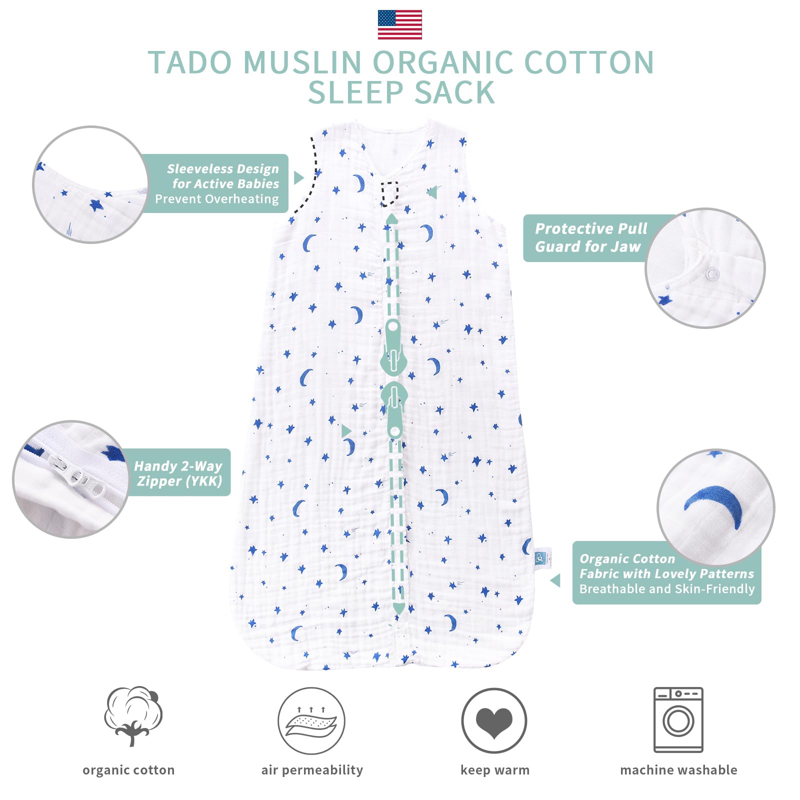 TADO MUSLIN 2Way zip bottom opening features easy diaper checks for night-time changes.
