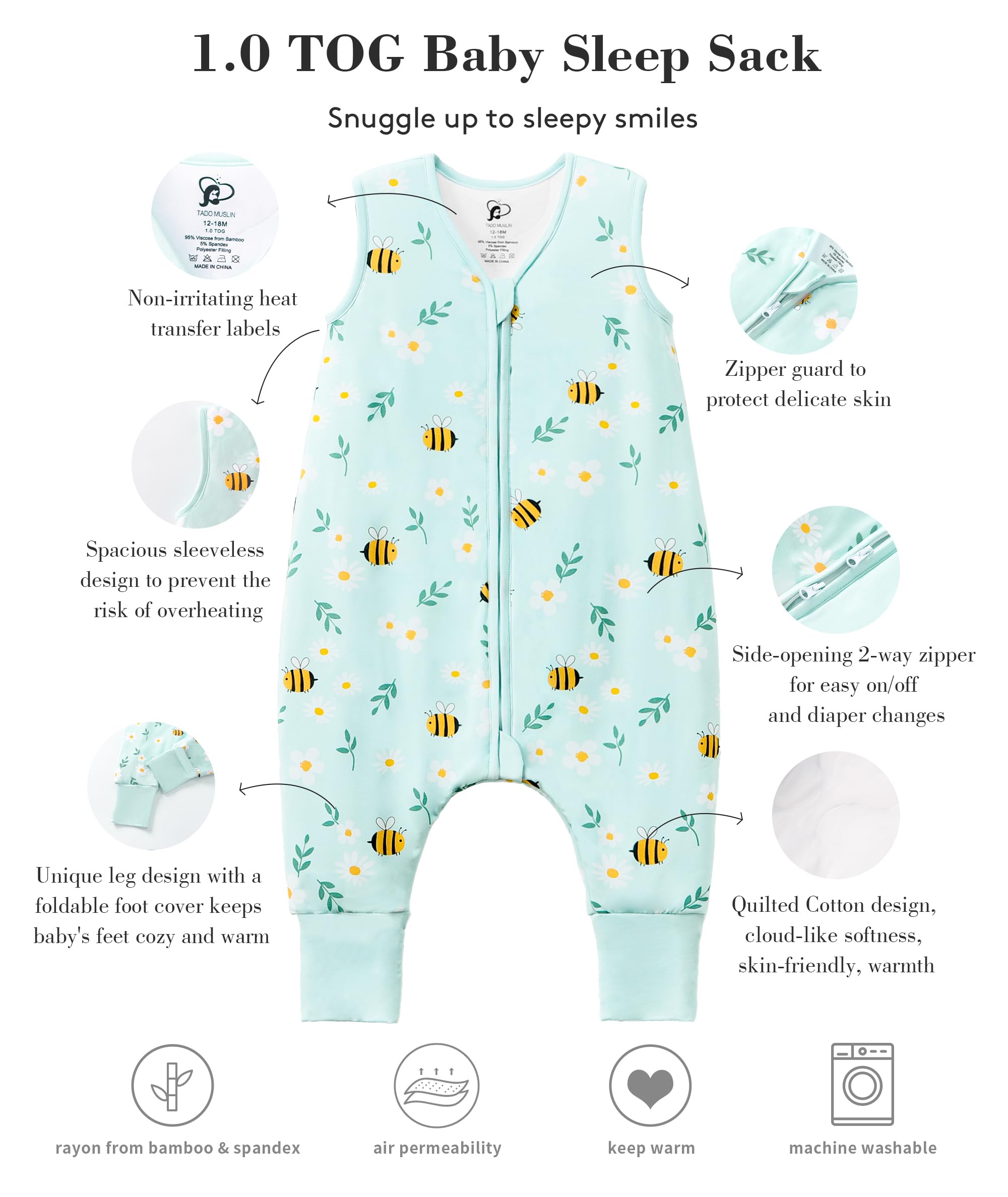 TADO MUSLIN sleep sack close-to-neck neckline reduces fabric bulk for a snug fit.