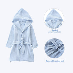 TADO MUSLIN bathrobe care label illustrating wash and quick-dry care