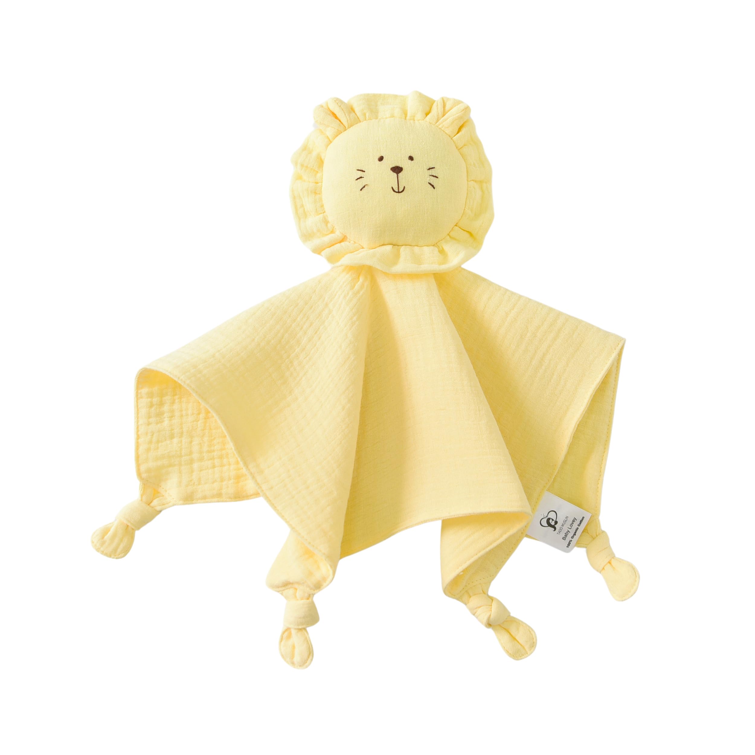 TADO MUSLIN lion lovey brown touch shot shows sturdy stitching for long-lasting teething comfort.