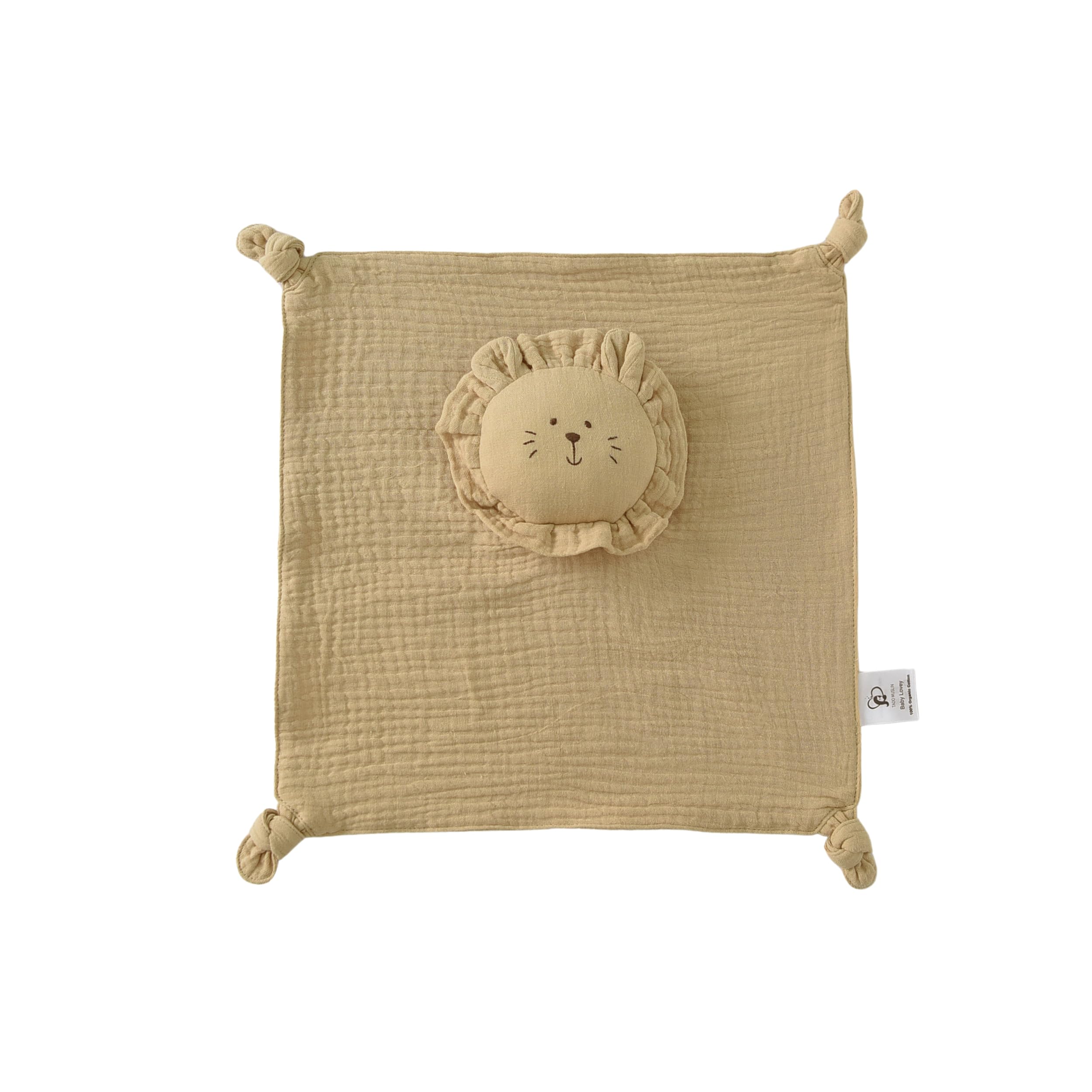 TADO MUSLIN lion lovey yellow head close-up emphasizes secure construction for durable security.