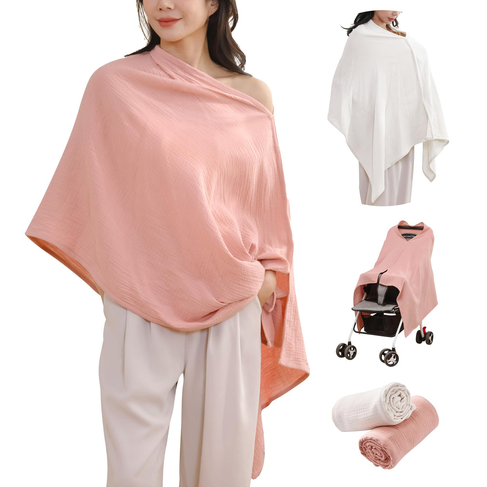 TADO MUSLIN nursing cover pink model shows breathable privacy during feeding.