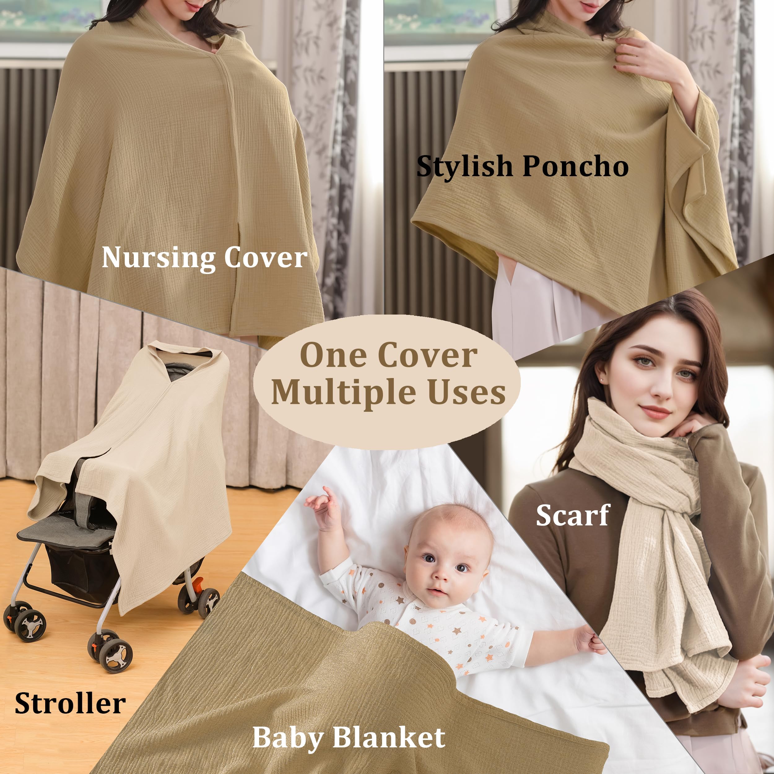 TADO MUSLIN nursing scarf style demonstrates versatile use for fashion and nursing privacy.