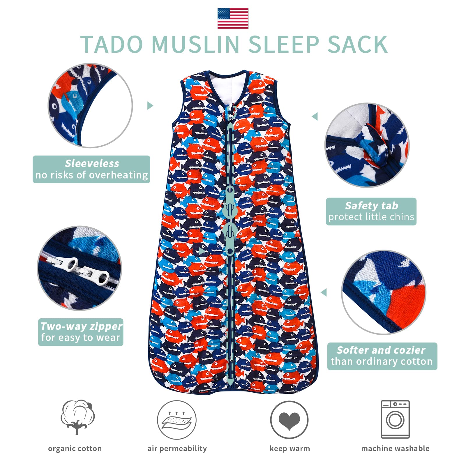 TADO MUSLIN sleep sack rhinoceros pattern for playful, gender neutral design.