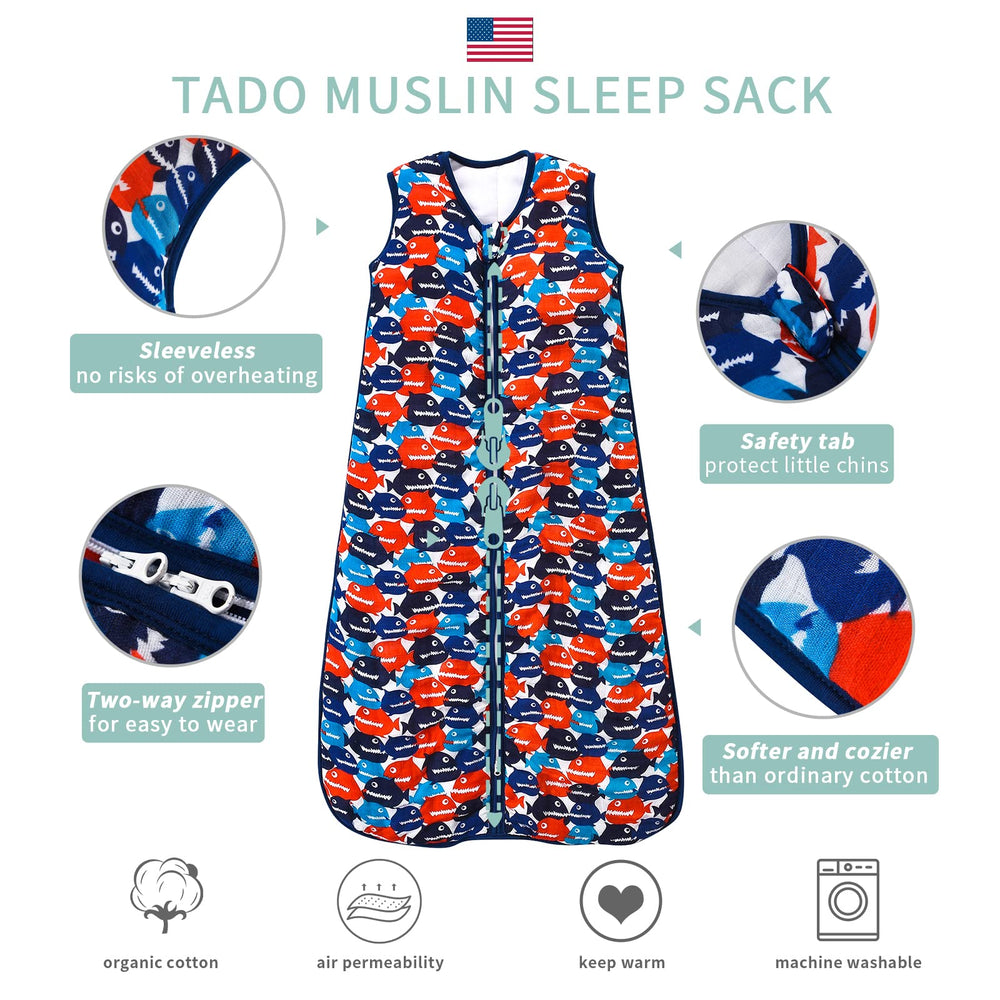 TADO MUSLIN sleep sack rhinoceros pattern for playful, gender neutral design.