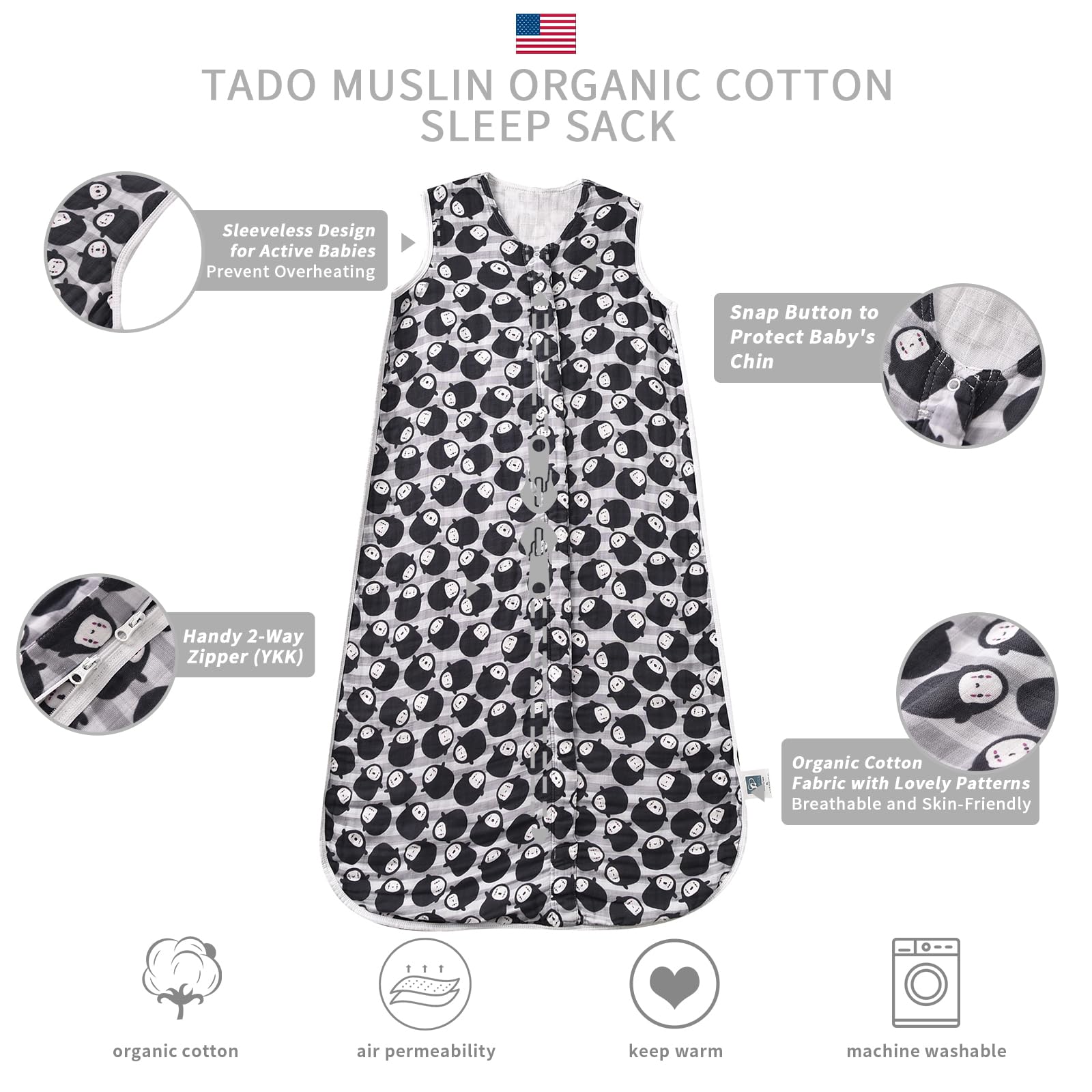 TADO MUSLIN sleep sack 0.5 TOG close-up fabric emphasizes breathable organic cotton for sensitive skin.