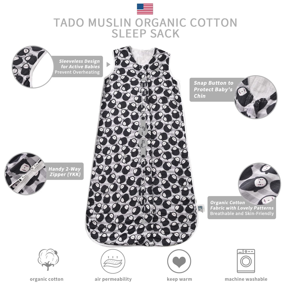 TADO MUSLIN sleep sack 0.5 TOG close-up fabric emphasizes breathable organic cotton for sensitive skin.