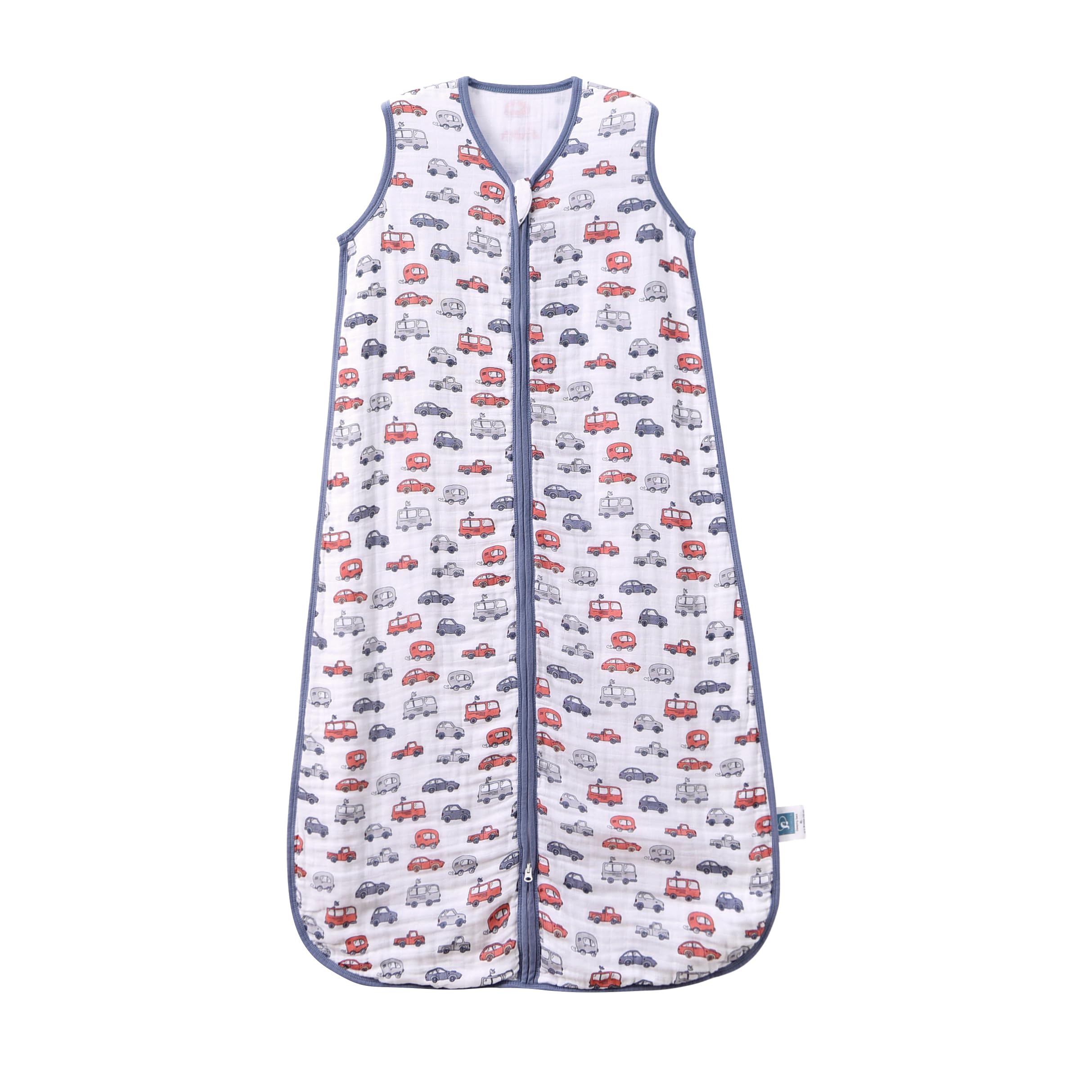 TADO MUSLIN sleep sack 0-6m cars front shows breathable organic cotton warmth